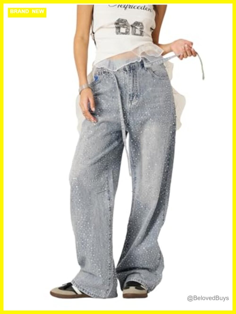 Rhinestone Wide Leg Jeans High Waisted Baggy Denim Streetwear